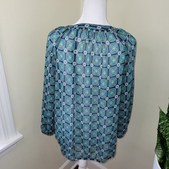 Liz Claiborne Green Blue Print Popover 3/4 Sleeve Boho Chiffon Blouse Women SZ L - Picture 5 of 13